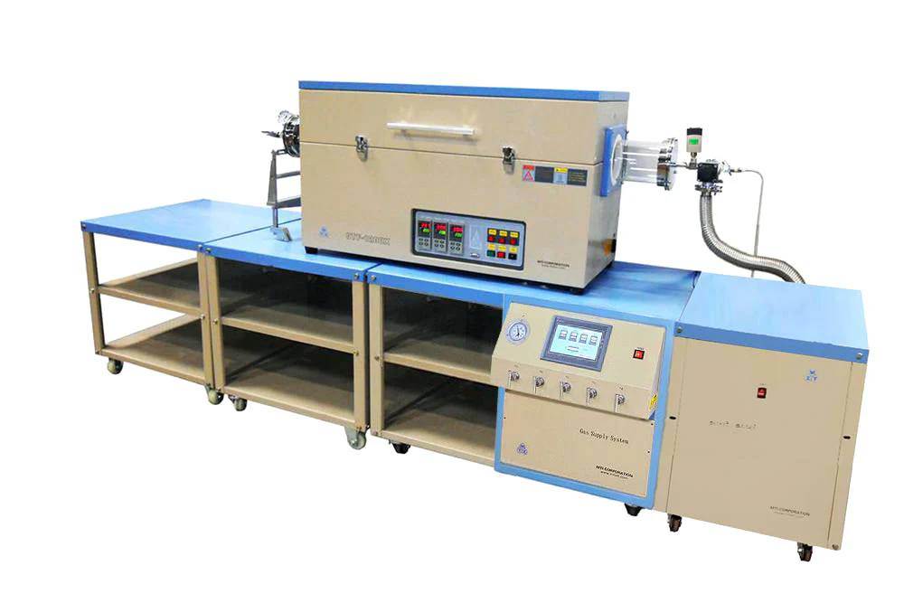 3 Zone Furnace (5" Dia, 1200C Max) w/ Sliding Flange, Gas Mixer & Vacuum Pump - OTF-1200X-III-5-C3LVSF